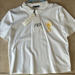 Zara Polo Shirt in White with Yellow Design